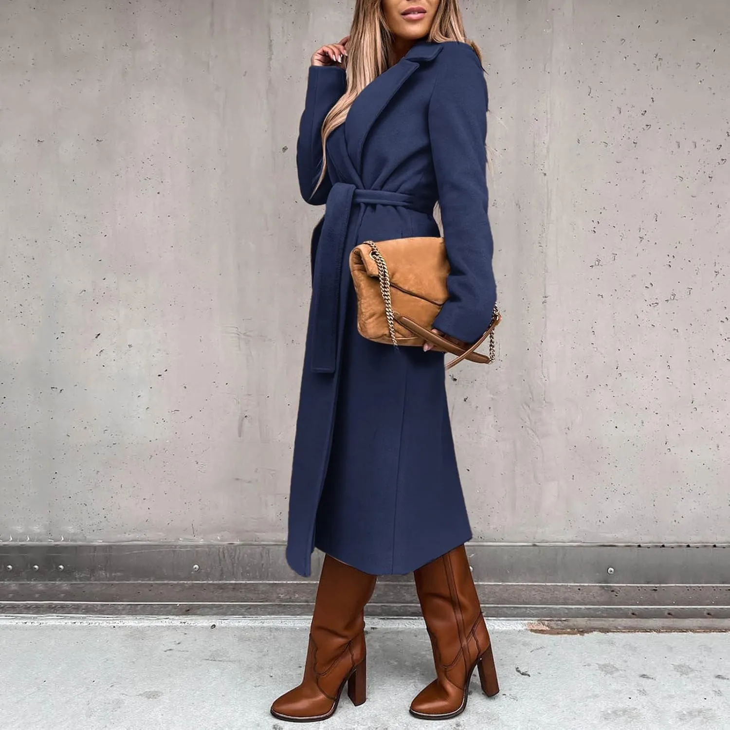 fartey Women's Trench Coats Winter Notch Lapel Wool Blend Long Coats Faux Fur Open Front Dressy Pea Coats with Belts