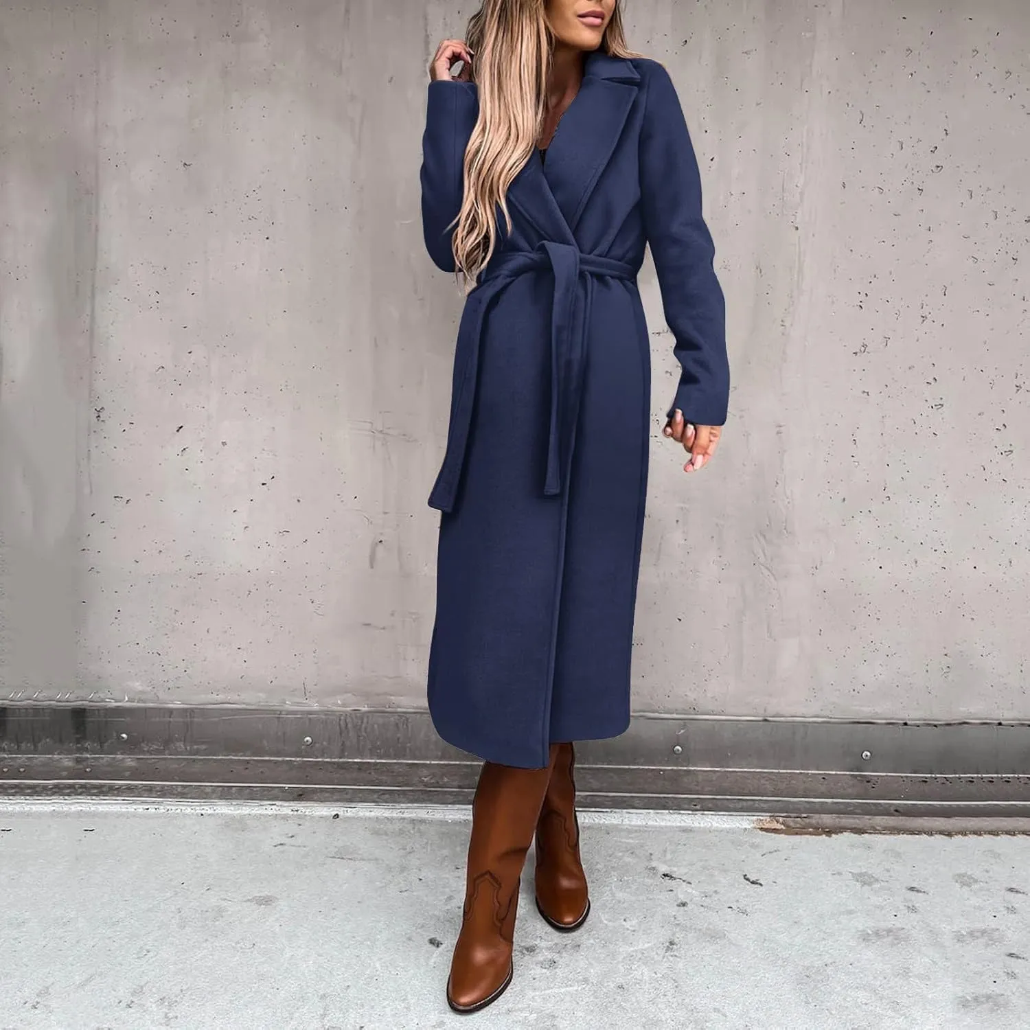 fartey Women's Trench Coats Winter Notch Lapel Wool Blend Long Coats Faux Fur Open Front Dressy Pea Coats with Belts