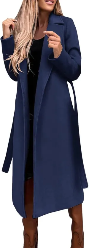 fartey Women's Trench Coats Winter Notch Lapel Wool Blend Long Coats Faux Fur Open Front Dressy Pea Coats with Belts