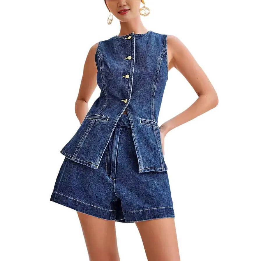 Fashion Casual Sleeveless High Waist Denim Suit