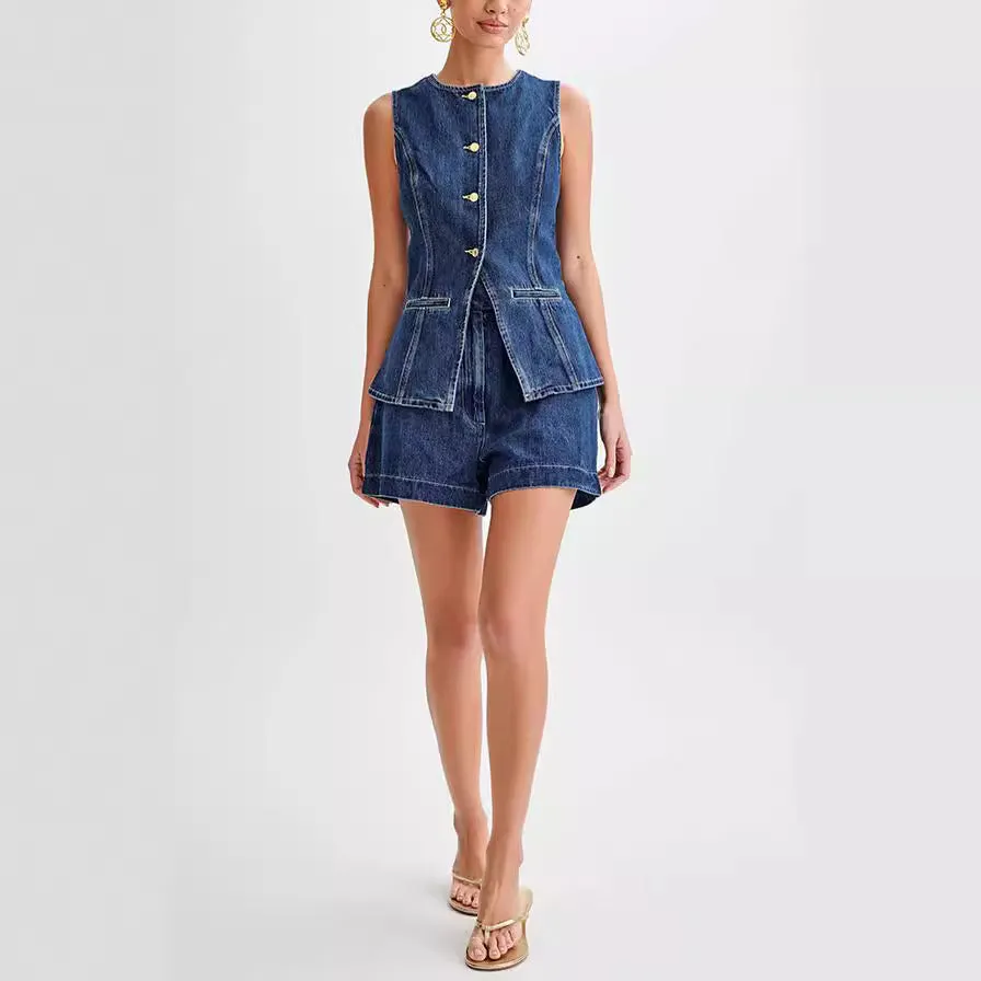 Fashion Casual Sleeveless High Waist Denim Suit