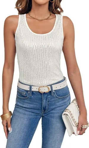 Fazortev Women's Sequin Tank Tops Sleeveless Scoop Neck Sparkly Sexy Party Camisole Vest