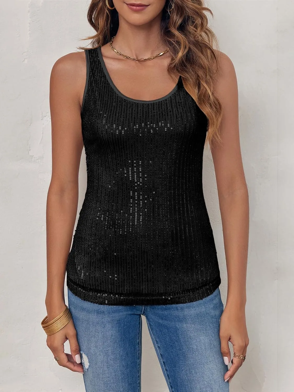Fazortev Women's Sequin Tank Tops Sleeveless Scoop Neck Sparkly Sexy Party Camisole Vest