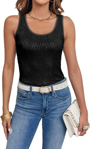 Fazortev Women's Sequin Tank Tops Sleeveless Scoop Neck Sparkly Sexy Party Camisole Vest