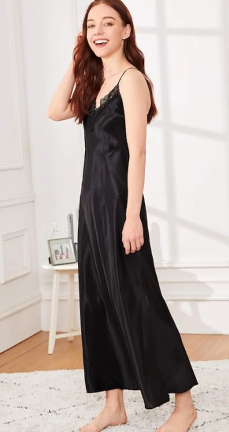 FEOYA Women's 2 Pcs Ice Silky Pajama Set Full Slip Camisole Nightdress Bathrobe Set
