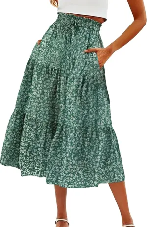 Floral Maxi Skirt for Women Comfy Tiered Elastic High Waisted Skirts Vacation A-Line Flowy Swing Long Boho Beach Dress