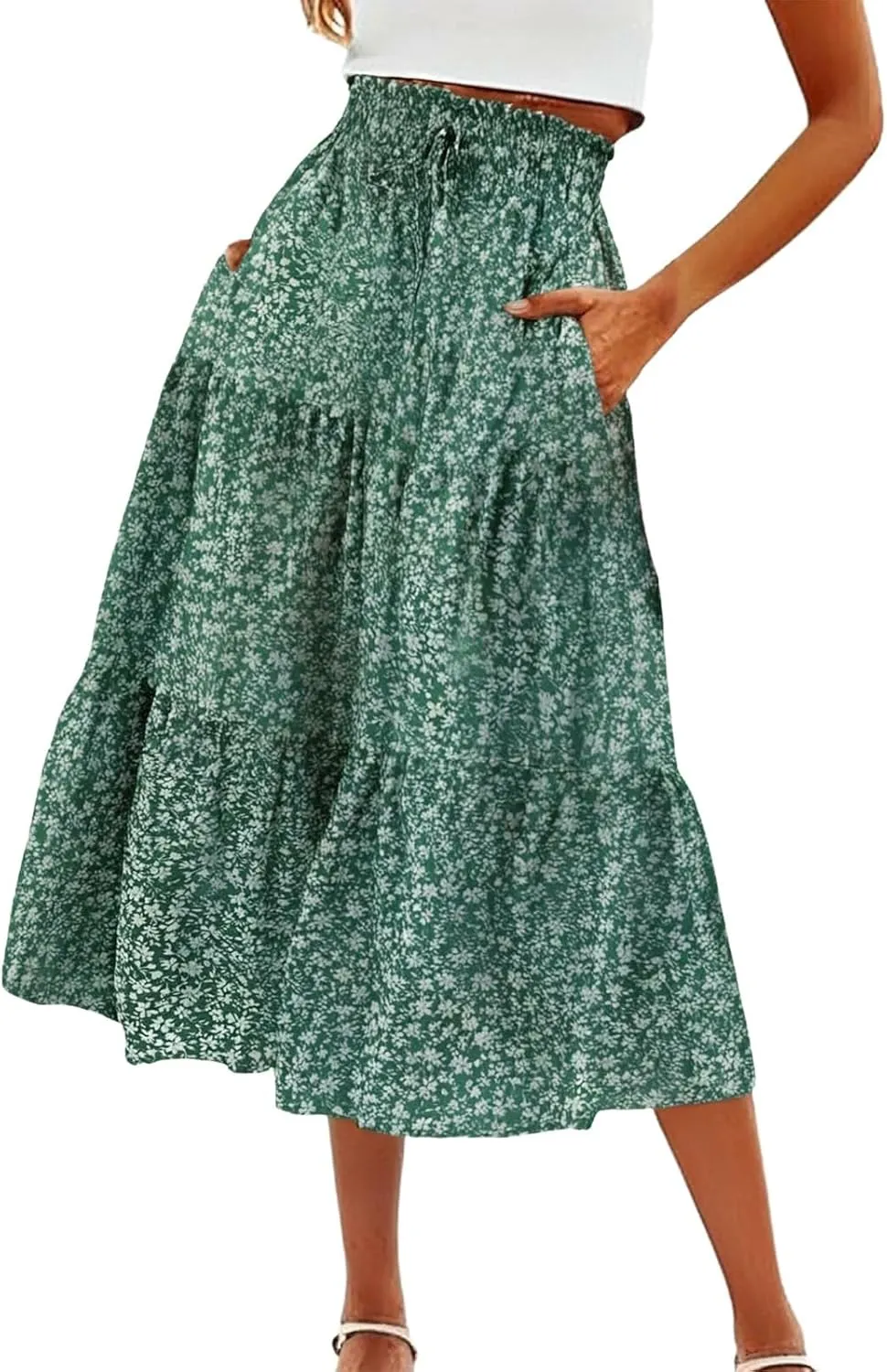 Floral Maxi Skirt for Women Comfy Tiered Elastic High Waisted Skirts Vacation A-Line Flowy Swing Long Boho Beach Dress
