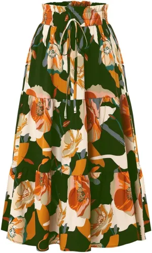 Floral Maxi Skirt for Women Summer Boho Tiered Elastic High Waisted Skirts Vacation A-Line Flowy Swing Long Skirts