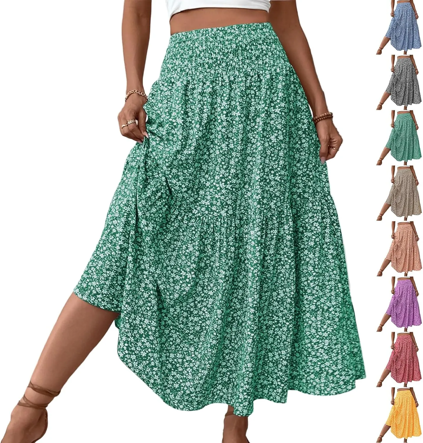 Floral Maxi Skirts for Women Trendy Summer Casual Boho Long Flowy Skirt Smocked Elastic High Waisted A Line Skirt