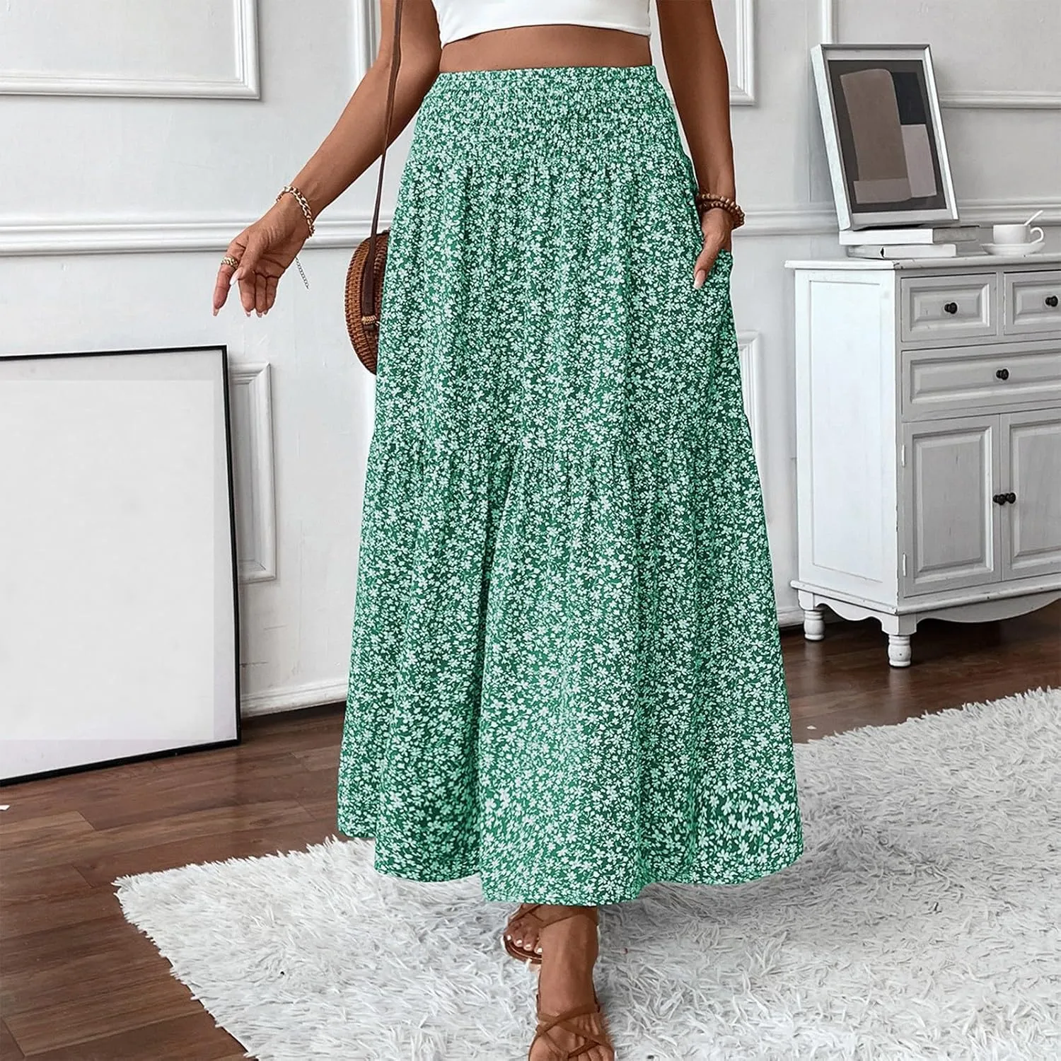 Floral Maxi Skirts for Women Trendy Summer Casual Boho Long Flowy Skirt Smocked Elastic High Waisted A Line Skirt