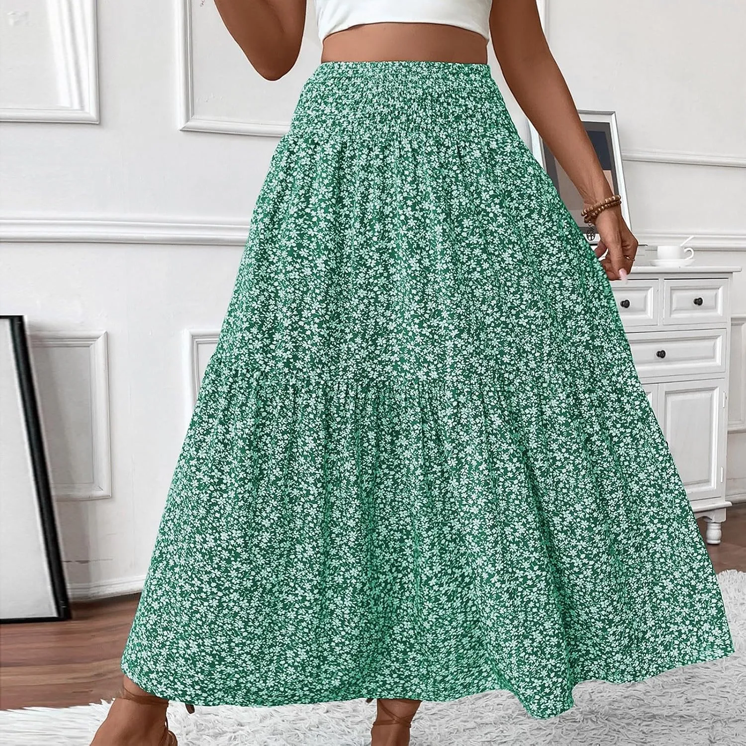 Floral Maxi Skirts for Women Trendy Summer Casual Boho Long Flowy Skirt Smocked Elastic High Waisted A Line Skirt