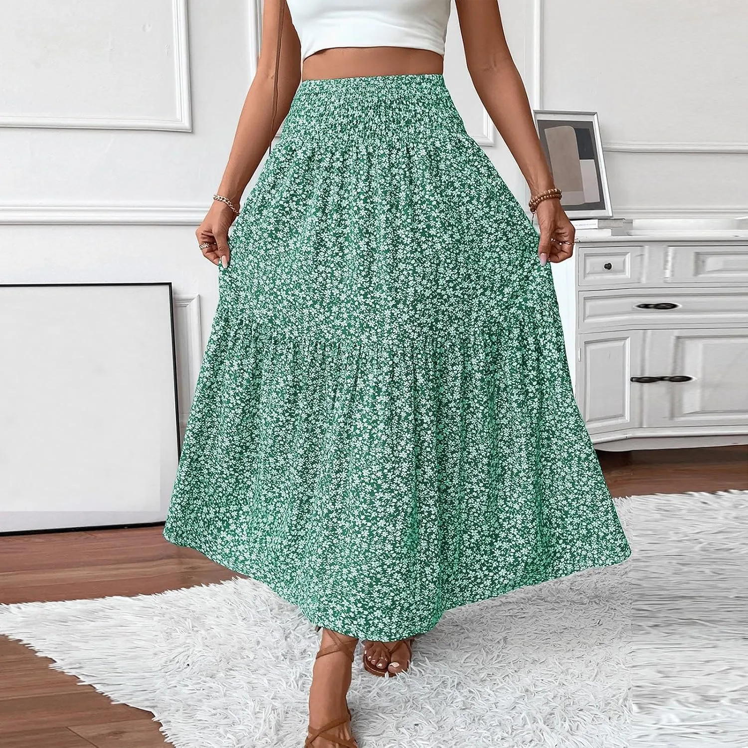 Floral Maxi Skirts for Women Trendy Summer Casual Boho Long Flowy Skirt Smocked Elastic High Waisted A Line Skirt