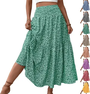 Floral Maxi Skirts for Women Trendy Summer Casual Boho Long Flowy Skirt Smocked Elastic High Waisted A Line Skirt