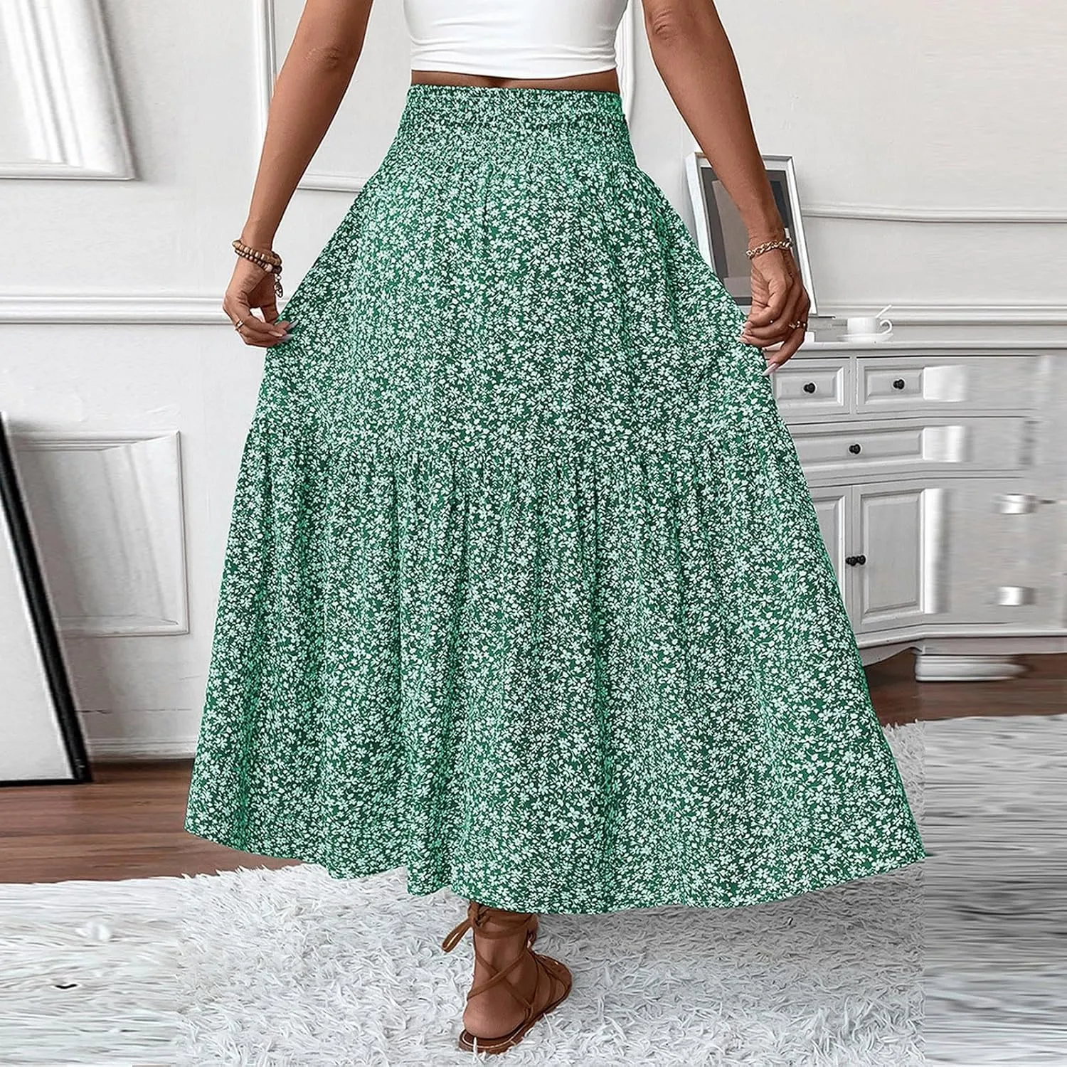 Floral Maxi Skirts for Women Trendy Summer Casual Boho Long Flowy Skirt Smocked Elastic High Waisted A Line Skirt