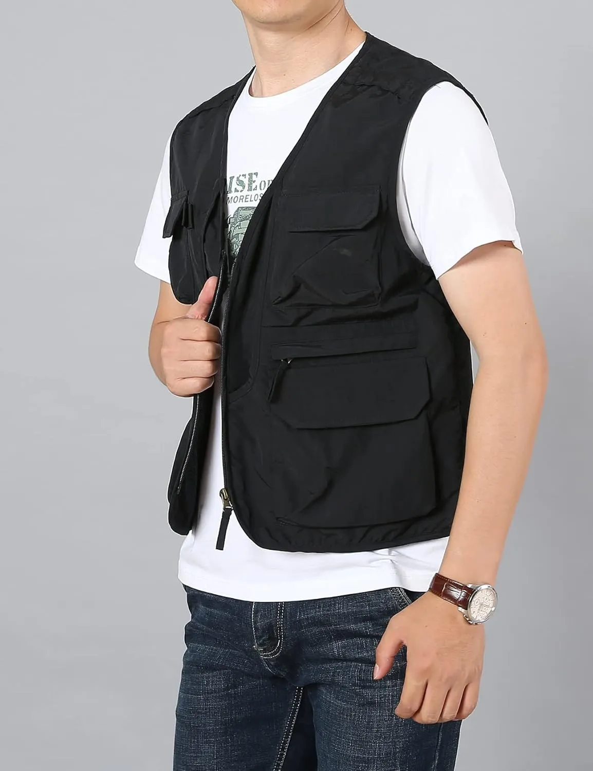 Flygo Men's Utility Cargo Vest Outdoor Fishing Safari Travel Work Photo Vest with Pockets