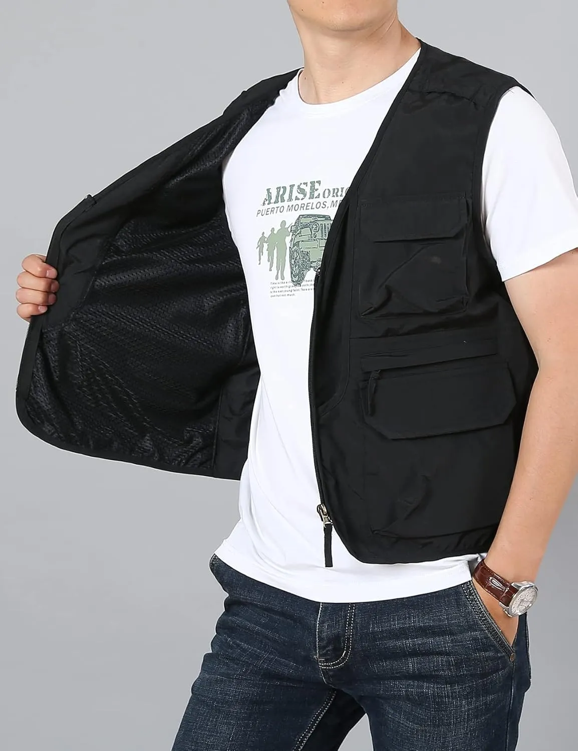 Flygo Men's Utility Cargo Vest Outdoor Fishing Safari Travel Work Photo Vest with Pockets