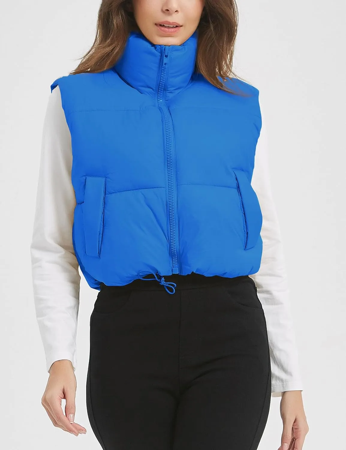 Flygo Puffer Vest Women Cropped Vest Zip Up Stand Collar Sleeveless Lightweight Winter Down Vests Jacket