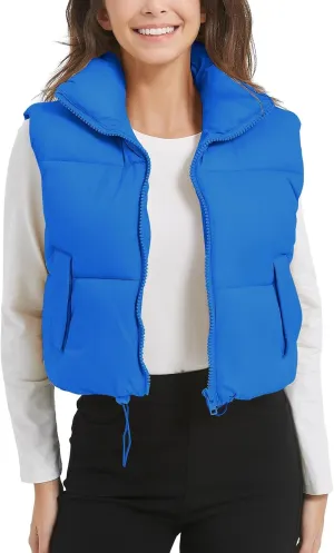 Flygo Puffer Vest Women Cropped Vest Zip Up Stand Collar Sleeveless Lightweight Winter Down Vests Jacket