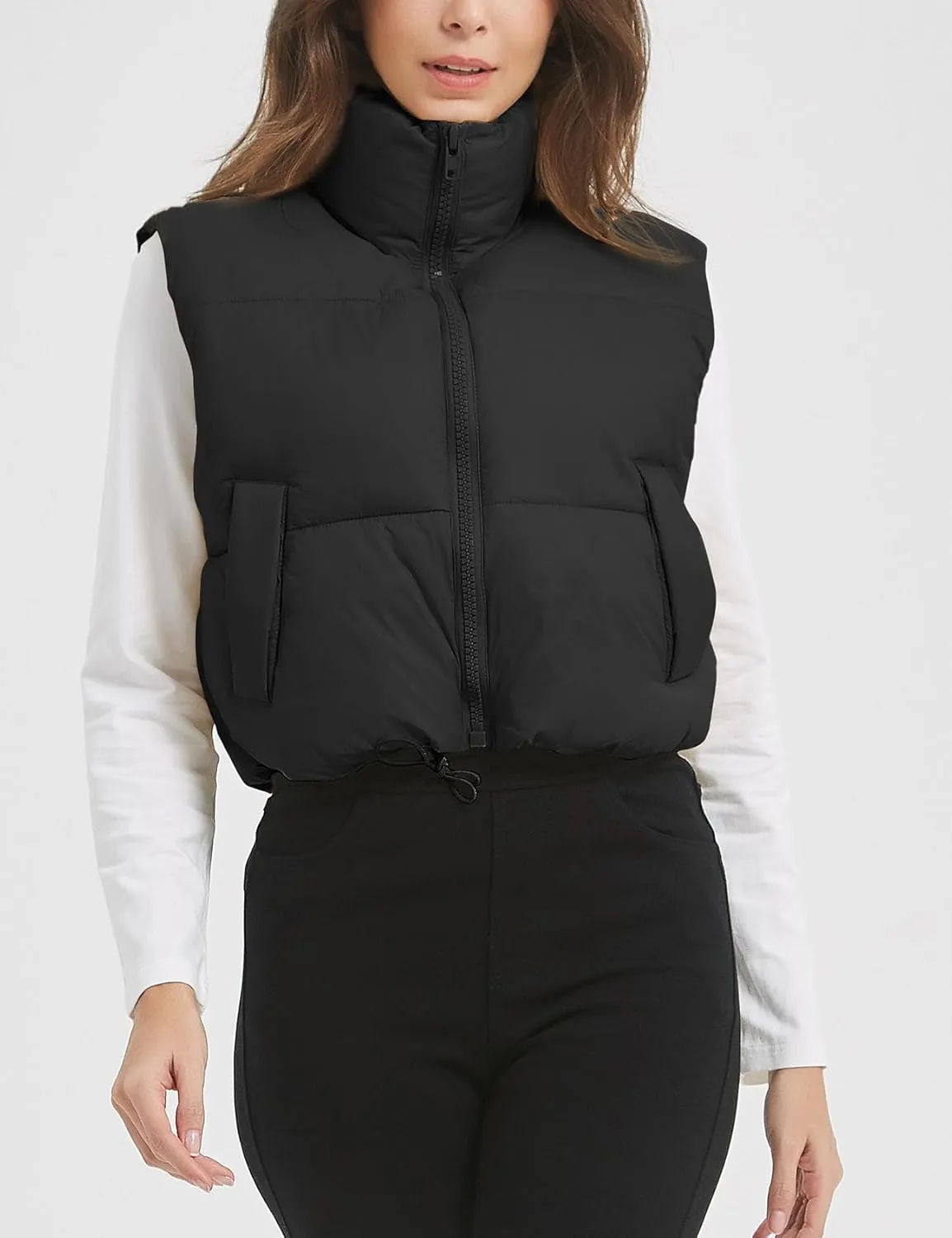 Flygo Puffer Vest Women Cropped Vest Zip Up Stand Collar Sleeveless Lightweight Winter Down Vests Jacket