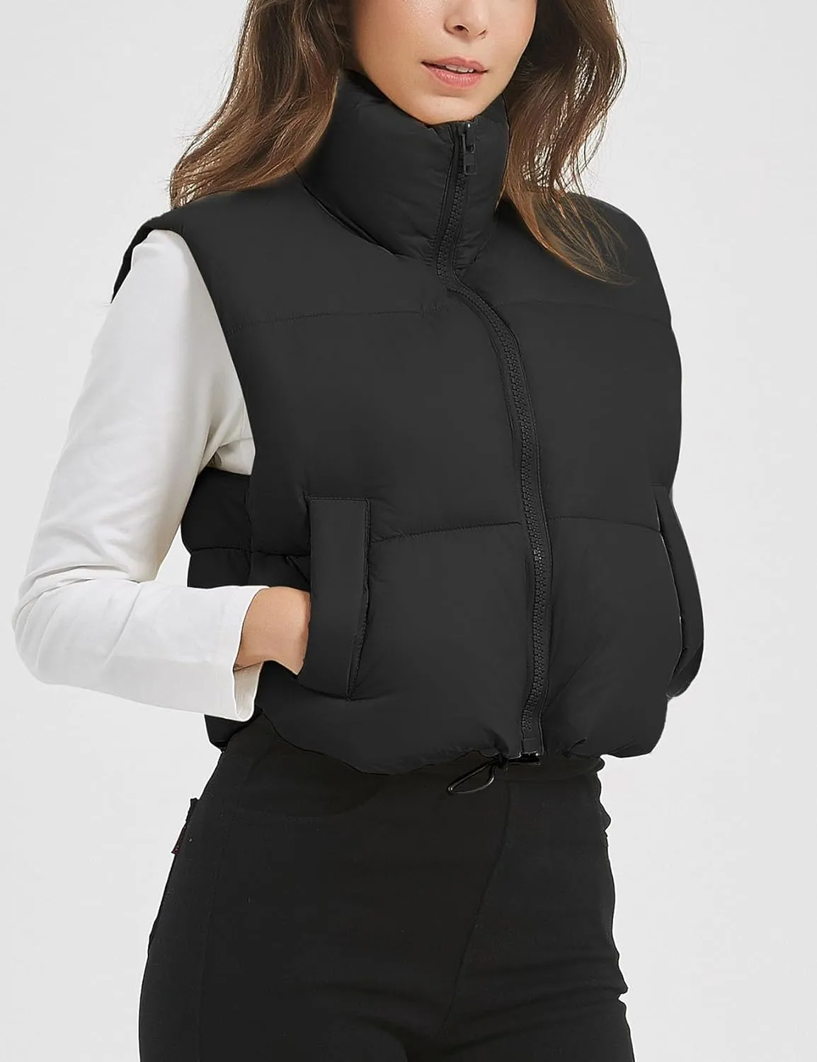 Flygo Puffer Vest Women Cropped Vest Zip Up Stand Collar Sleeveless Lightweight Winter Down Vests Jacket