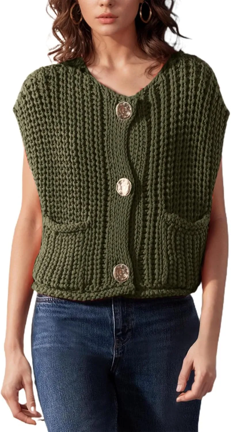 Flygo Womens Sleeveless Sweater Vest 2025 Spring Summer Crop Knit Top Chunky Crochet Button Cardigan Sweaters