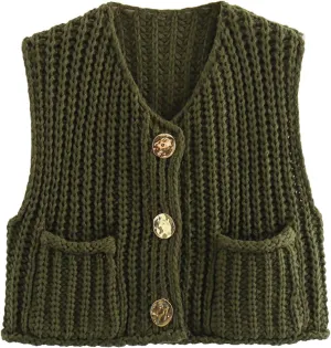 Flygo Womens Sleeveless Sweater Vest 2025 Spring Summer Crop Knit Top Chunky Crochet Button Cardigan Sweaters