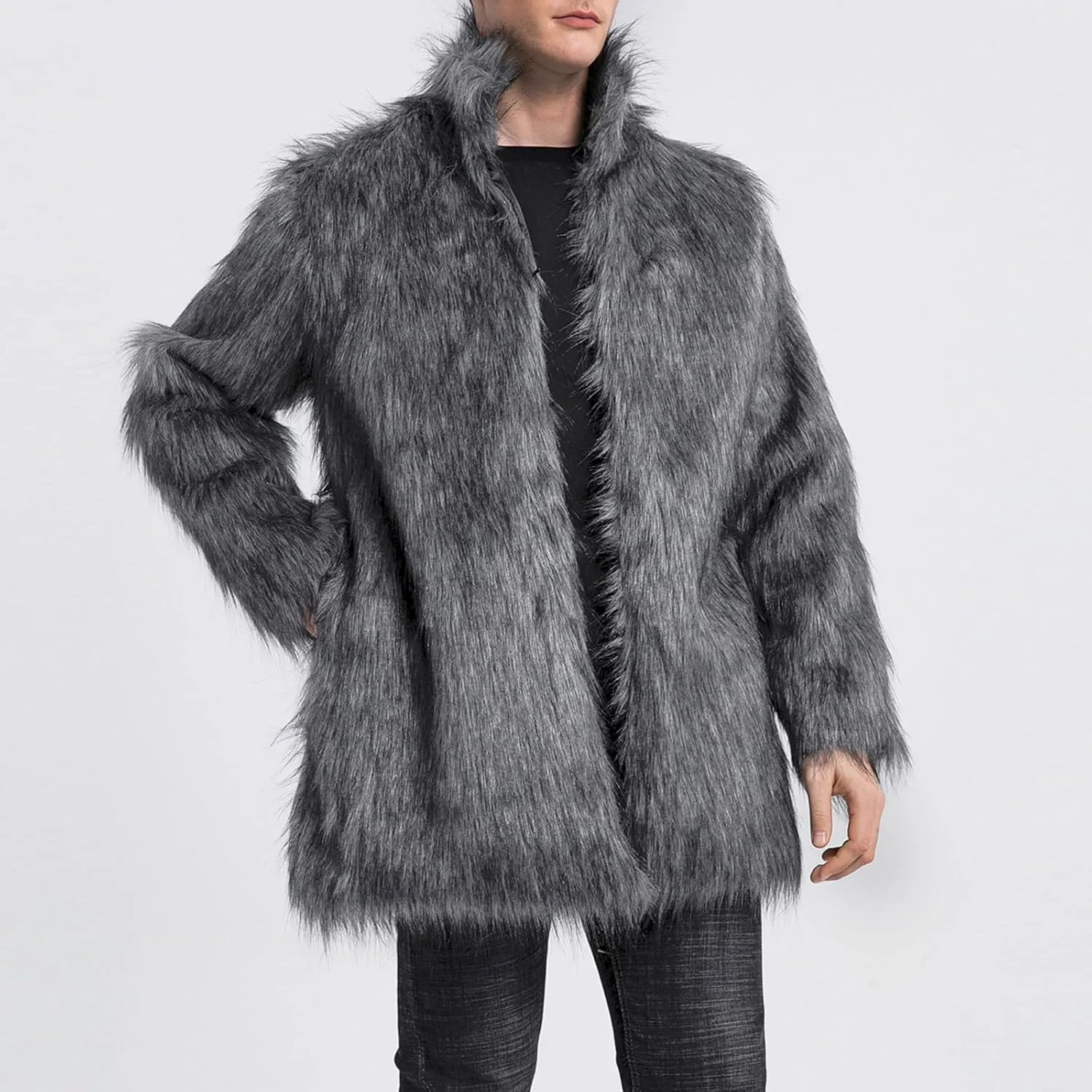 FOMOYUU Men's Fashion Warm Thick Coat Jacket Faux Fur Outwear Cardigan Overcoat Winter Coat Lightweight Jacket Long Trench