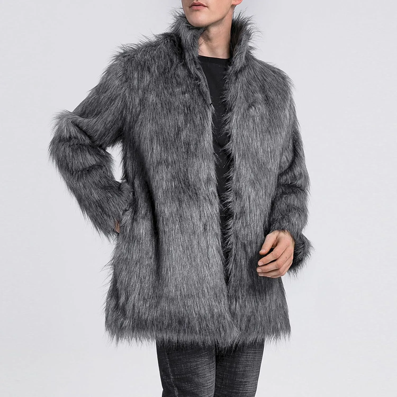 FOMOYUU Men's Fashion Warm Thick Coat Jacket Faux Fur Outwear Cardigan Overcoat Winter Coat Lightweight Jacket Long Trench