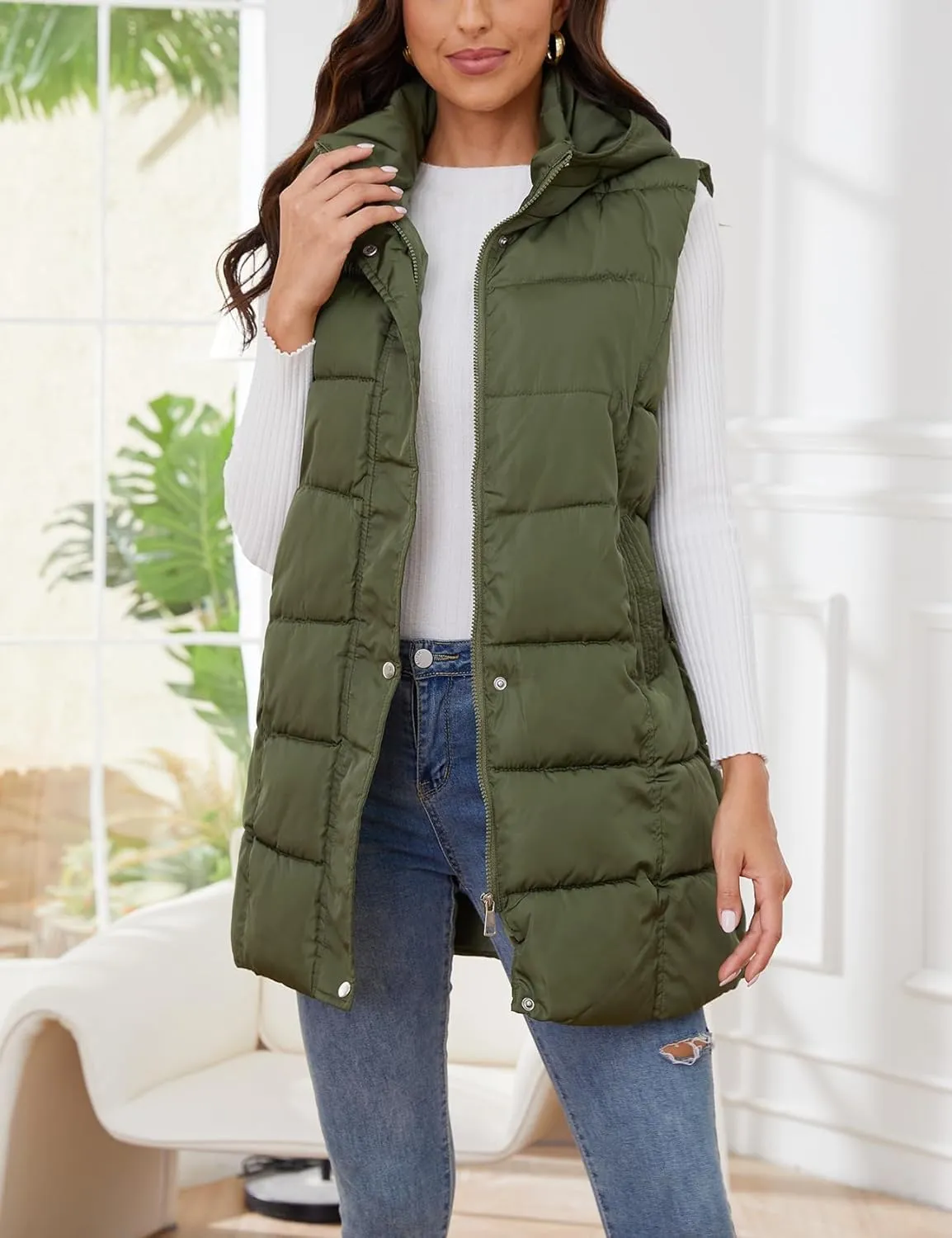 Gihuo Women's Long Puffer Vest Winter Quilted Hooded Sleeveless Zip Up Long Jacket Vest Gilet