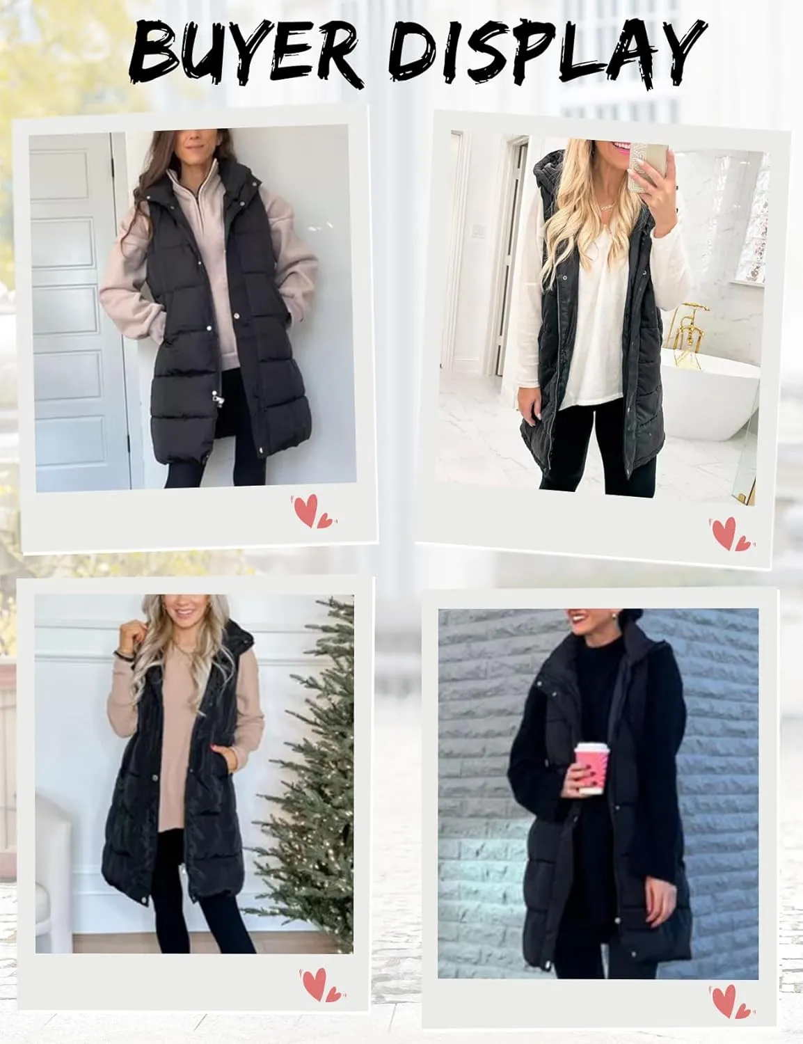 Gihuo Women's Long Puffer Vest Winter Quilted Hooded Sleeveless Zip Up Long Jacket Vest Gilet