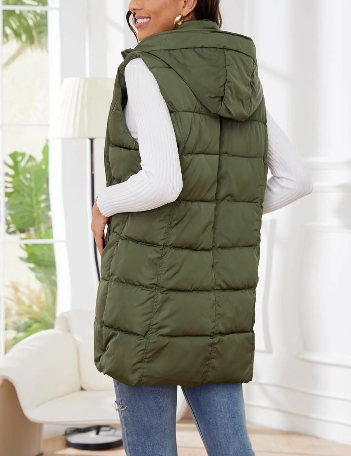 Gihuo Women's Long Puffer Vest Winter Quilted Hooded Sleeveless Zip Up Long Jacket Vest Gilet