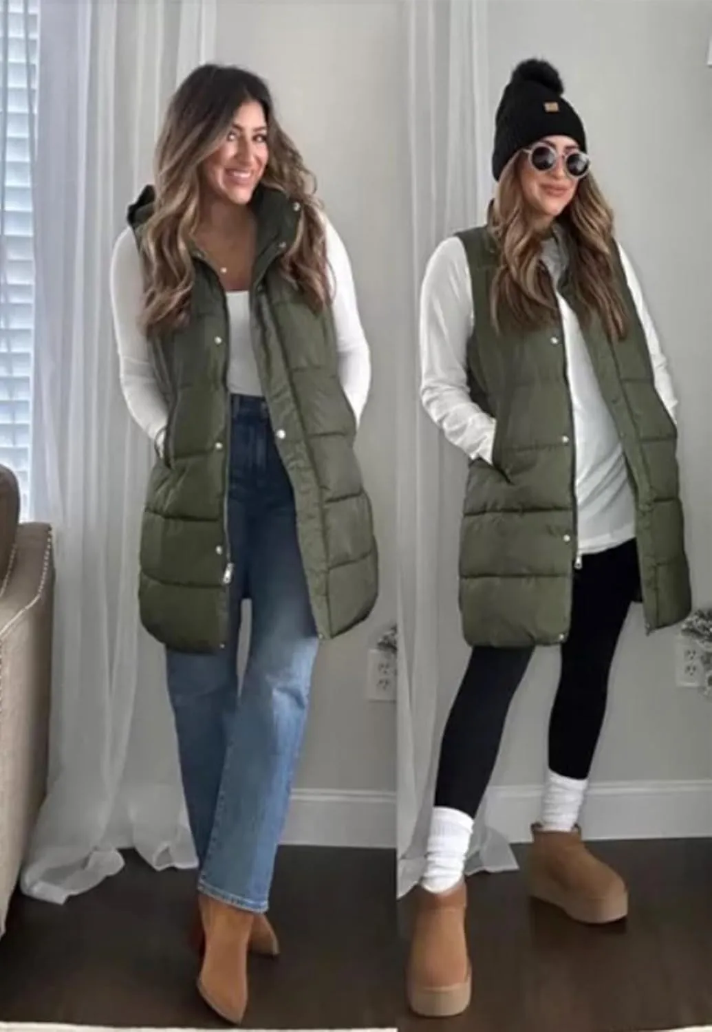 Gihuo Women's Long Puffer Vest Winter Quilted Hooded Sleeveless Zip Up Long Jacket Vest Gilet