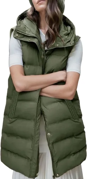 Gihuo Women's Long Puffer Vest Winter Quilted Hooded Sleeveless Zip Up Long Jacket Vest Gilet