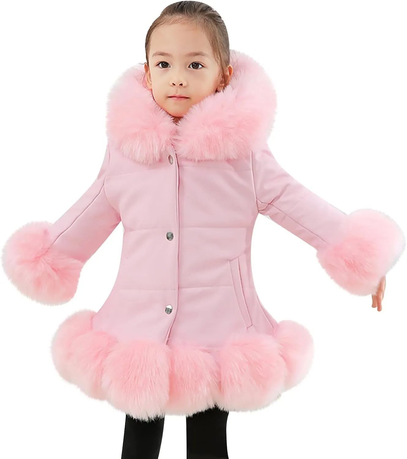 Girls Faux Leather Jacket with Fur Trim Toddler Thick Fleece Lined Warm Winter Coat Button up Dress Coat Outwear