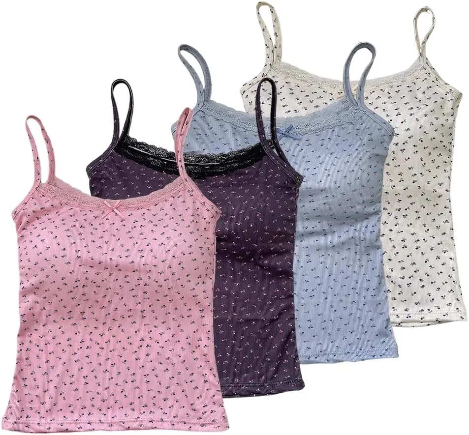Girls Floral Print Camisole Crop Top Sleeveless Built-in Bra Teen Bralette Slim Fit Cami Tops for Women Girls