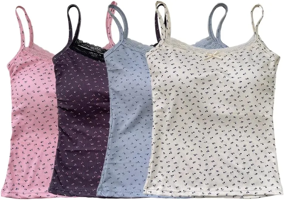 Girls Floral Print Camisole Crop Top Sleeveless Built-in Bra Teen Bralette Slim Fit Cami Tops for Women Girls
