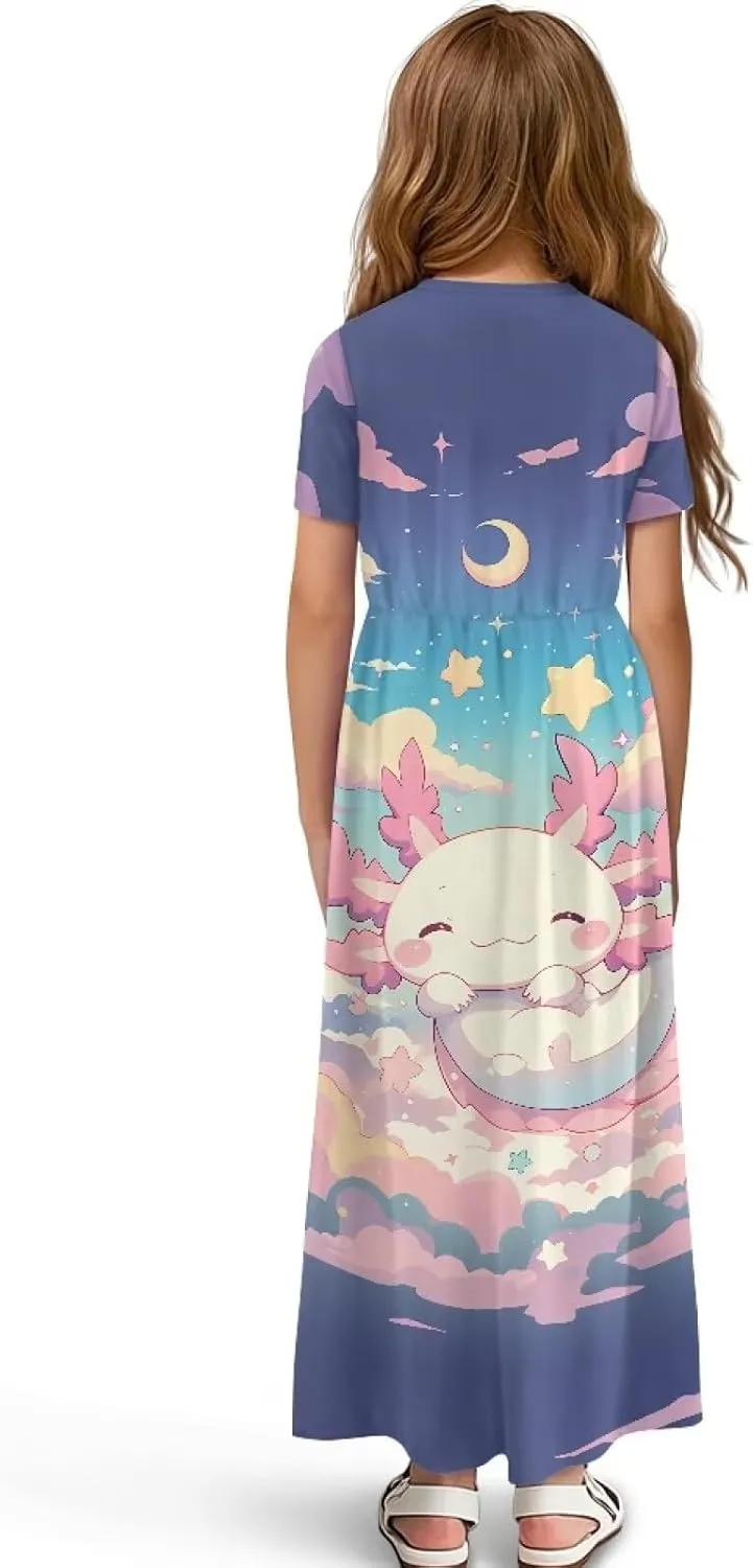Girls Maxi Dress with Pockets Short Sleeve Swing Flowy Dress Holiday Dresses Summer Beach Sundress for 5-14 Years