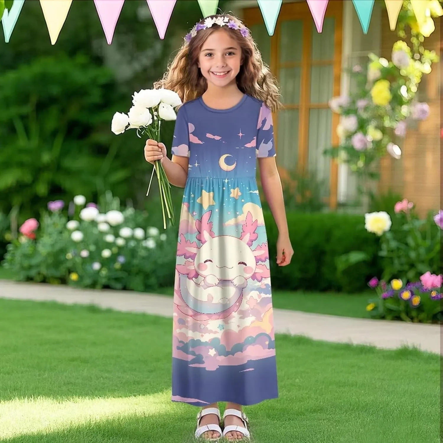 Girls Maxi Dress with Pockets Short Sleeve Swing Flowy Dress Holiday Dresses Summer Beach Sundress for 5-14 Years