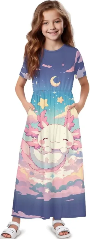 Girls Maxi Dress with Pockets Short Sleeve Swing Flowy Dress Holiday Dresses Summer Beach Sundress for 5-14 Years