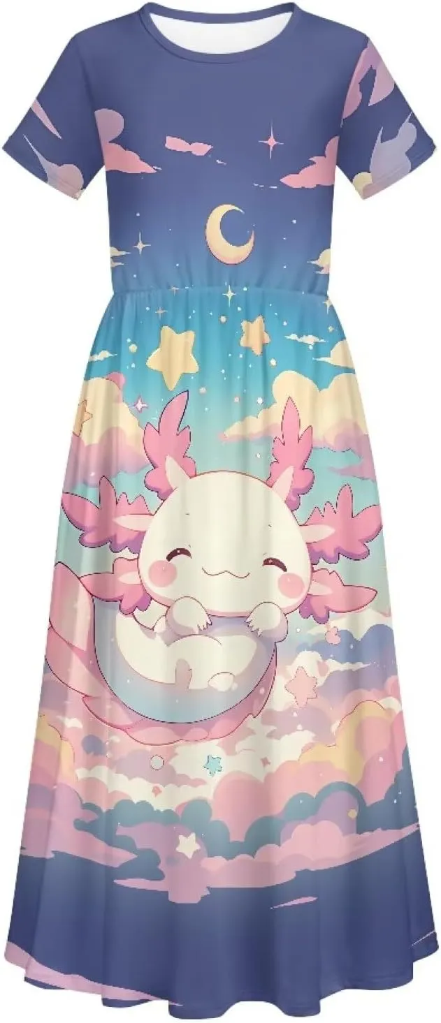 Girls Maxi Dress with Pockets Short Sleeve Swing Flowy Dress Holiday Dresses Summer Beach Sundress for 5-14 Years