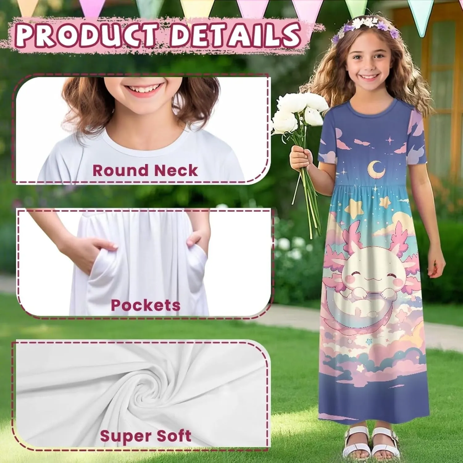 Girls Maxi Dress with Pockets Short Sleeve Swing Flowy Dress Holiday Dresses Summer Beach Sundress for 5-14 Years
