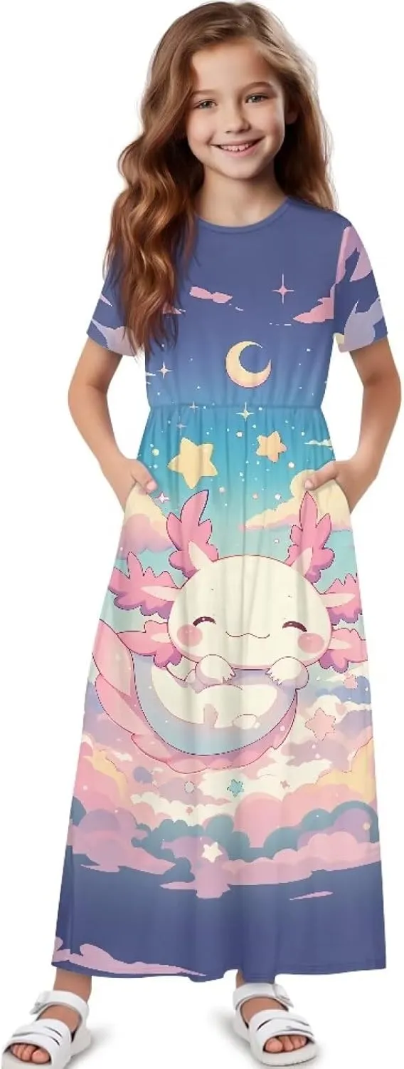 Girls Maxi Dress with Pockets Short Sleeve Swing Flowy Dress Holiday Dresses Summer Beach Sundress for 5-14 Years