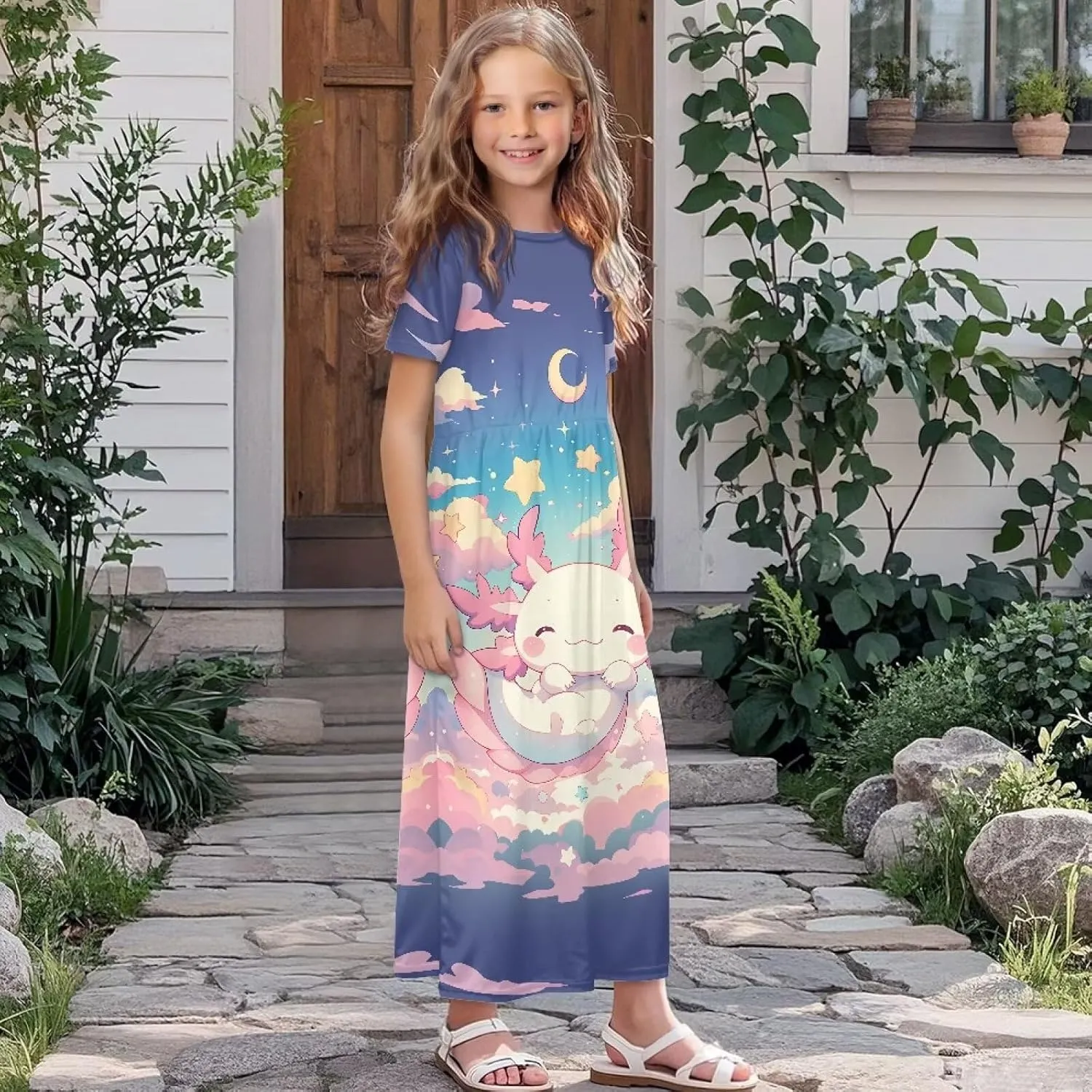Girls Maxi Dress with Pockets Short Sleeve Swing Flowy Dress Holiday Dresses Summer Beach Sundress for 5-14 Years