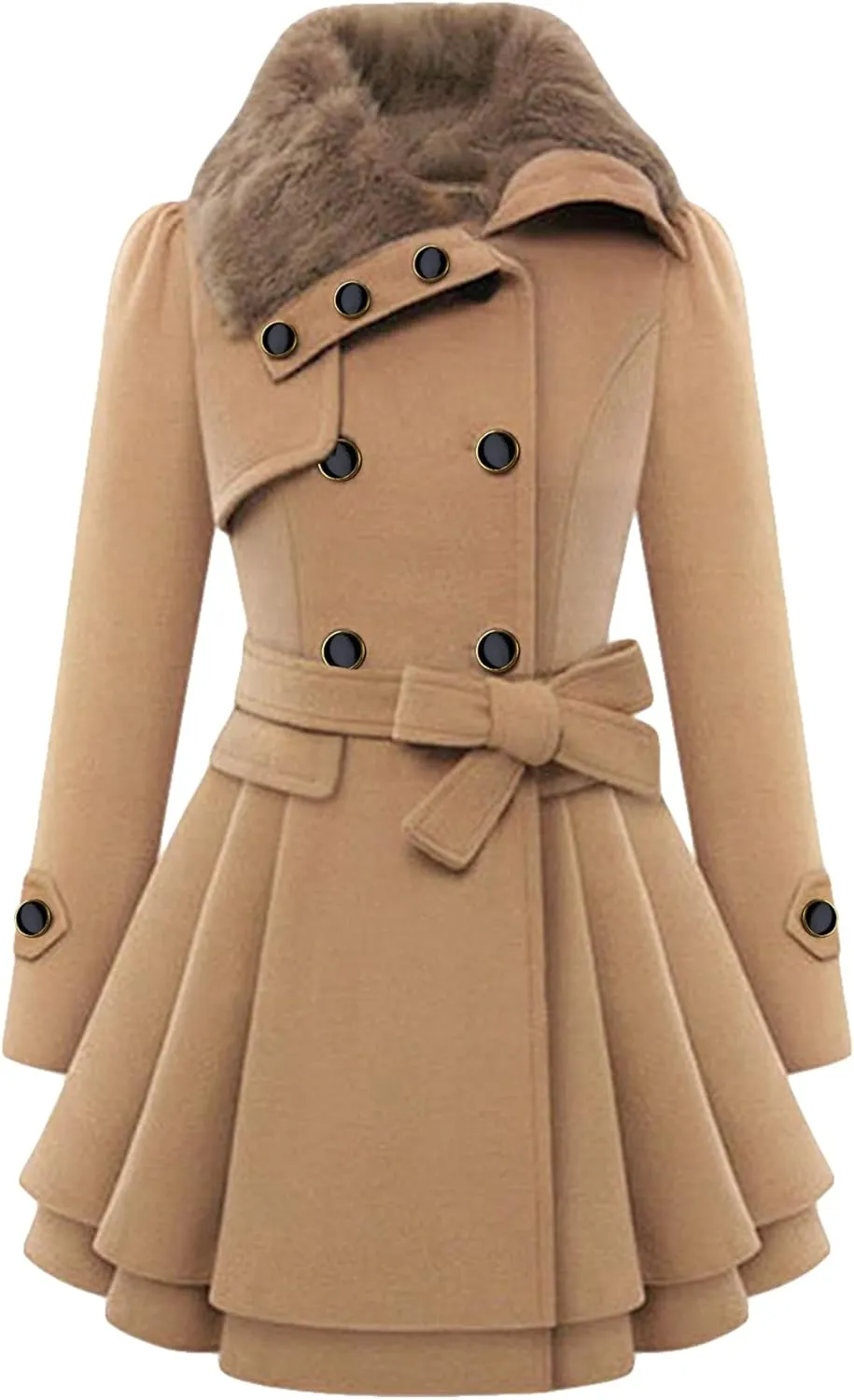 GORIFE Women Faux Fur Collar Coat Double Breasted Wool Blend Trench Coat Midi Swing Coat with Belt