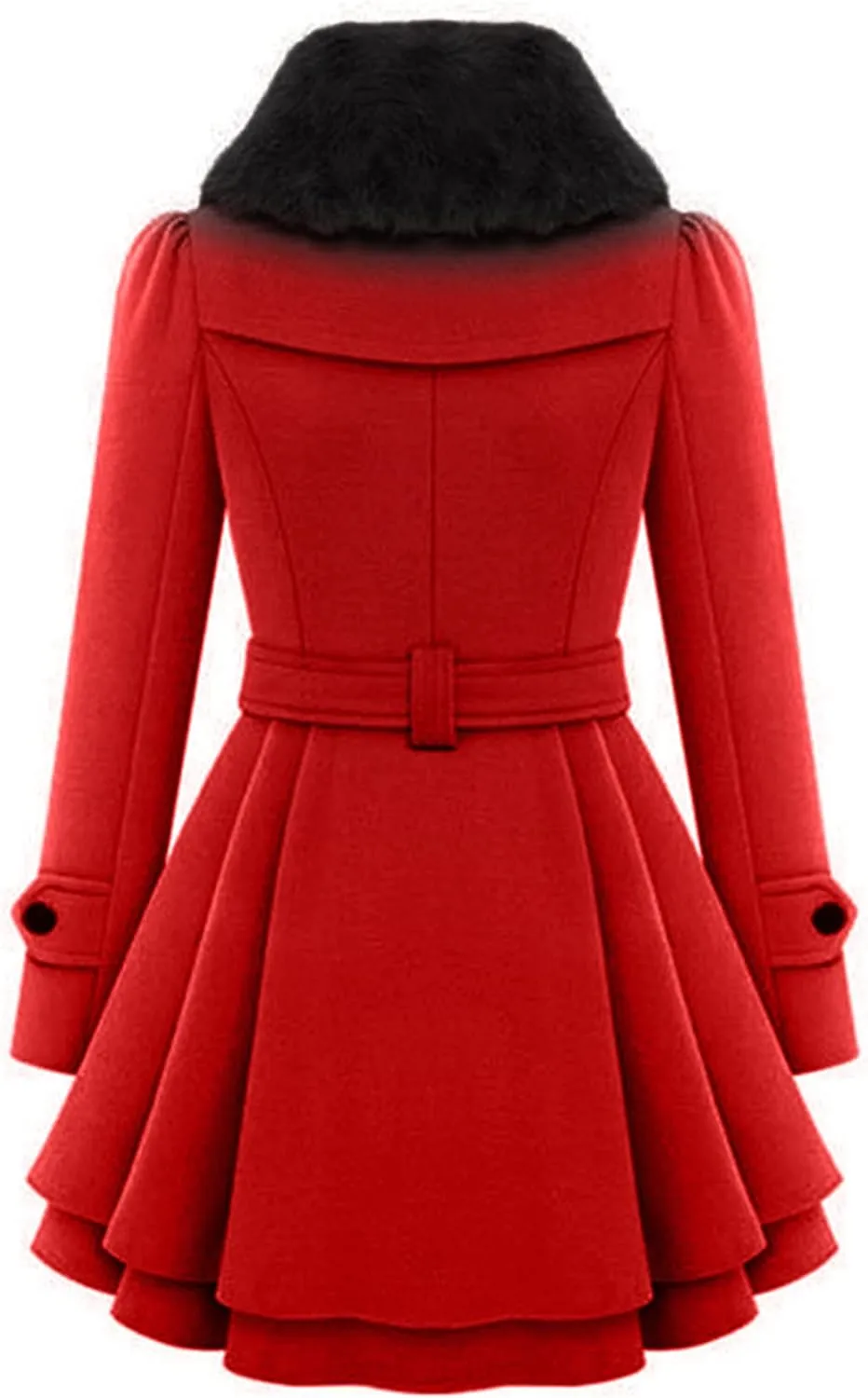 GORIFE Women Faux Fur Collar Coat Double Breasted Wool Blend Trench Coat Midi Swing Coat with Belt