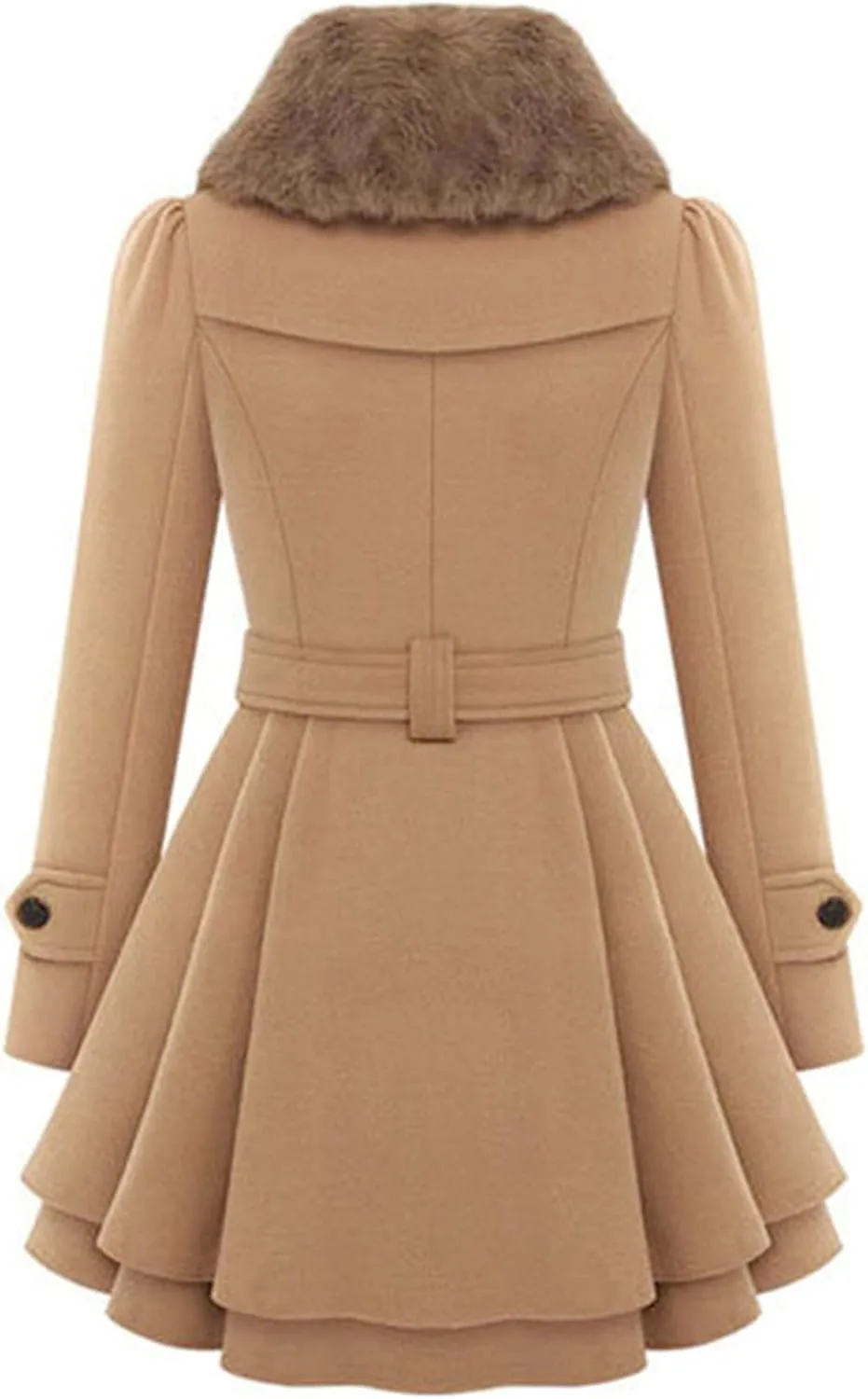 GORIFE Women Faux Fur Collar Coat Double Breasted Wool Blend Trench Coat Midi Swing Coat with Belt