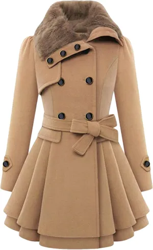 GORIFE Women Faux Fur Collar Coat Double Breasted Wool Blend Trench Coat Midi Swing Coat with Belt