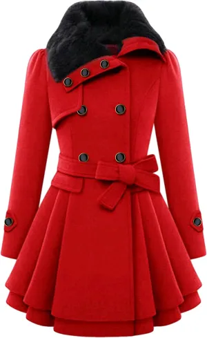 GORIFE Women Faux Fur Collar Coat Double Breasted Wool Blend Trench Coat Midi Swing Coat with Belt