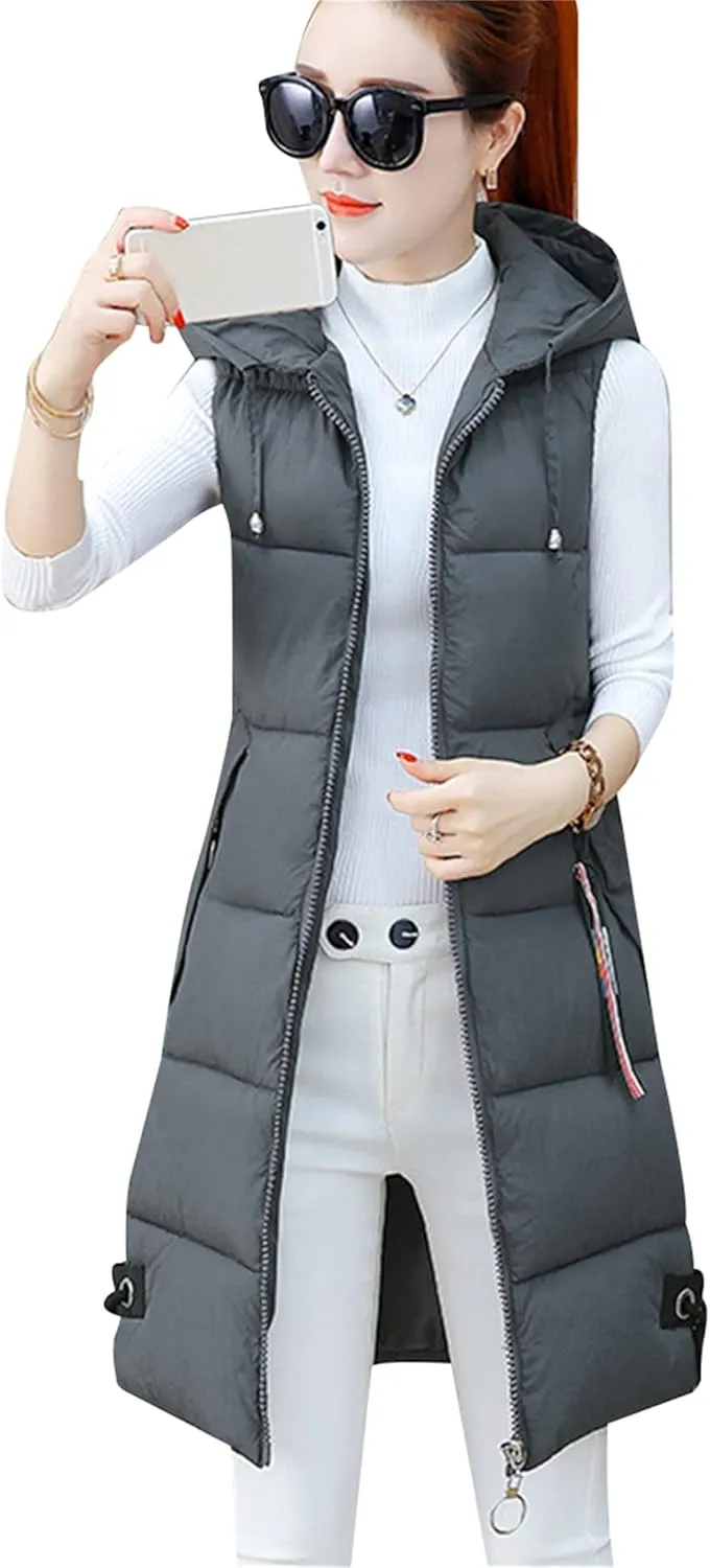 GORIFE Women's Winter Casual Puffer Zip Up Vest Sleeveless Solid Color Hooded Outerwear