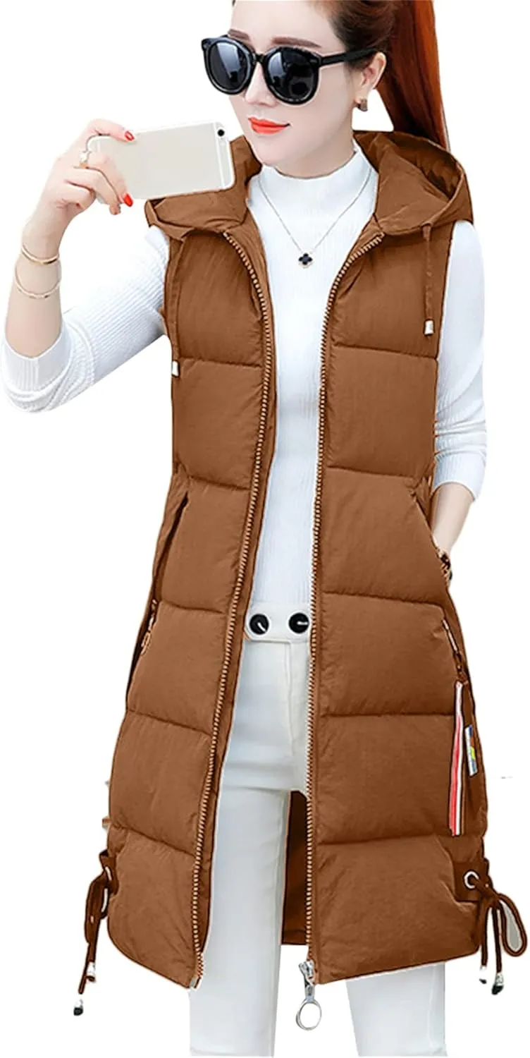GORIFE Women's Winter Casual Puffer Zip Up Vest Sleeveless Solid Color Hooded Outerwear